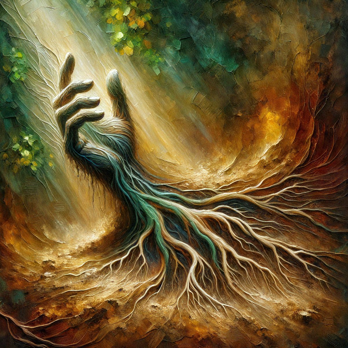 The primary subject of the image is a painting of a hand with a tree growing out of it. The hand is reaching out, and the tree is depicted as a large, gnarled root. The setting is a forest, with trees visible in the background. The visual style is a painting, and the colors and mood are dark and moody.